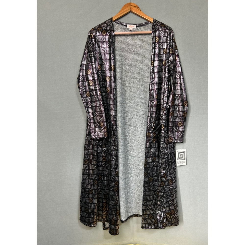 LuLaRoe Sarah Cardigan Black Silver M Geometric Metallic Open Front Long Duster